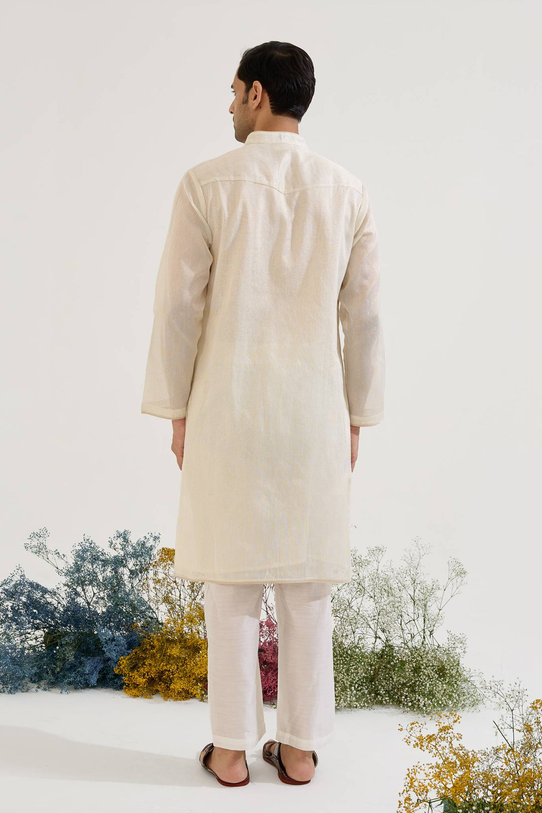 White Pintuck Chanderi Stripe Kurta with Narrow Pants - Set of 2