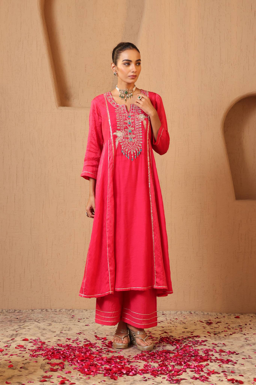 Rosy Fuchsia Anarkali with Flared Pants and Dupatta - Set of 3