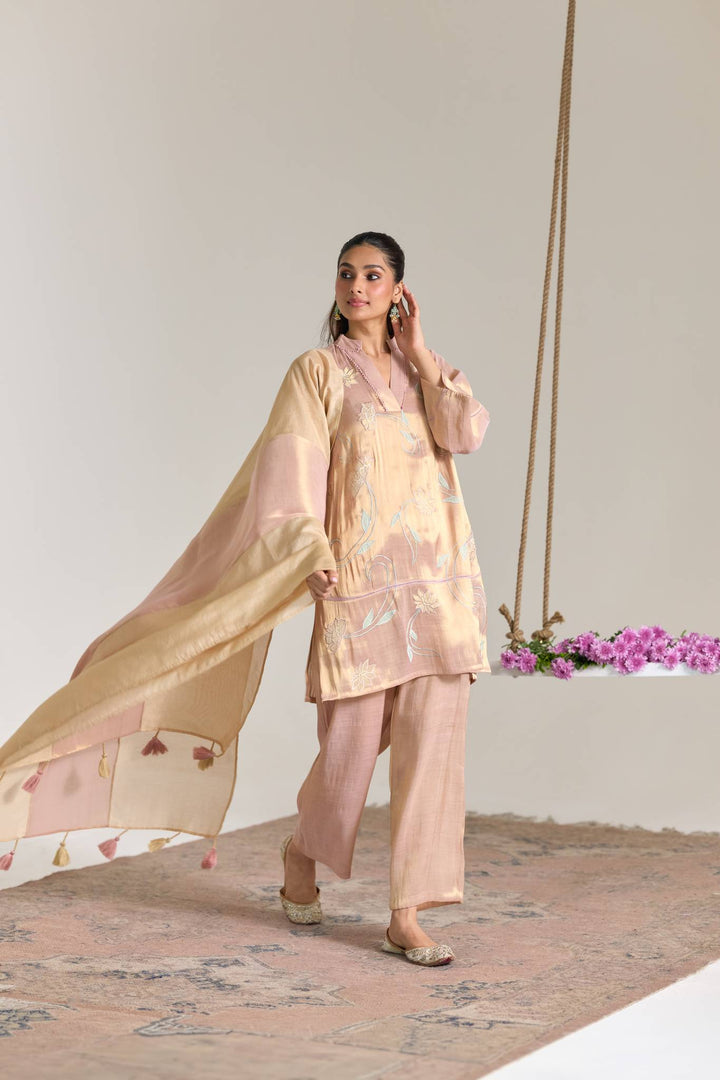 Blush Mint Applique Embroidered Tissue Kurta Set - Set of 2