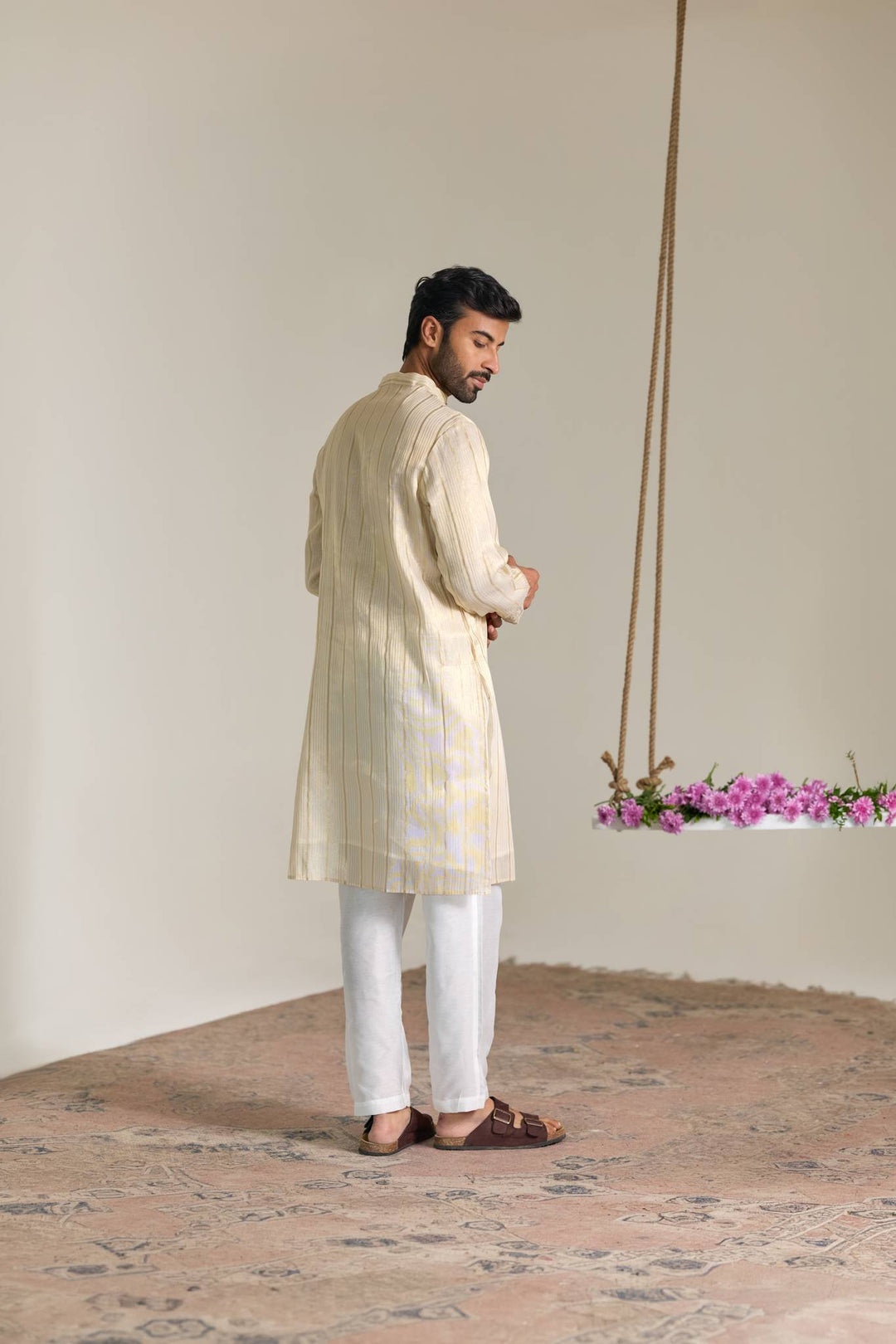 Golden Floral Stripe Embroidered Kurta with Narrow Pants