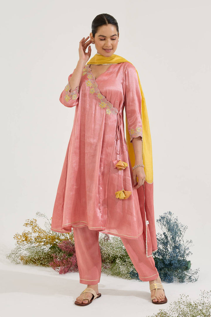 Carrot Floral Zari Tissue Angrakha with Narrow Pants and Dupatta - Set of 3