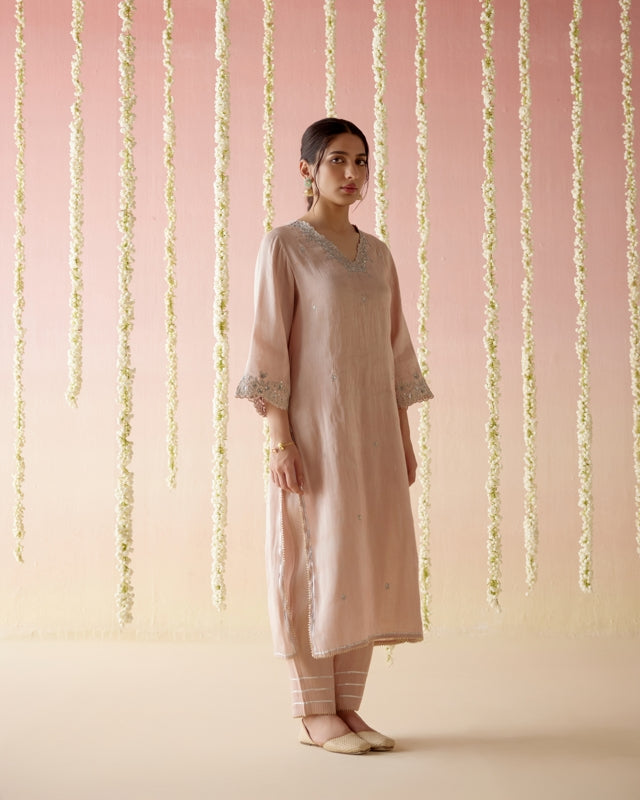 Old Rose Tissue Kurta with  Narrow Pants & Dupatta - Set of 3