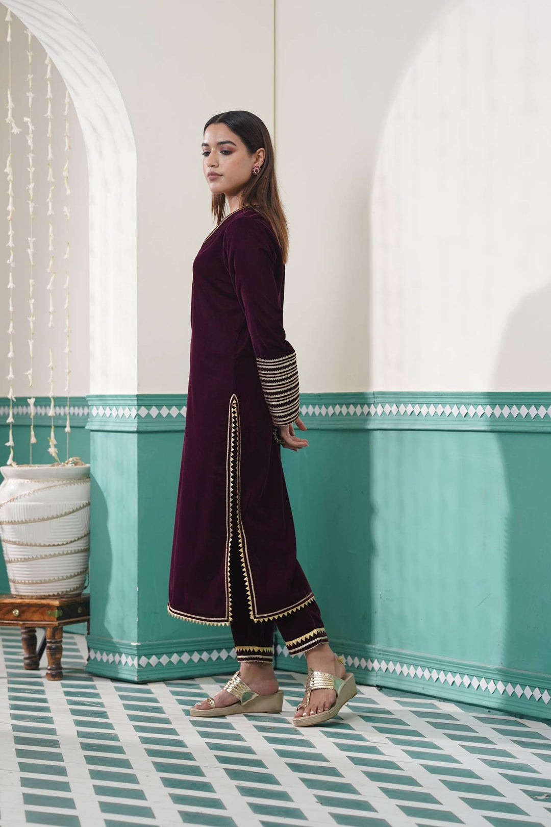 Wine Velvet Kurta Set