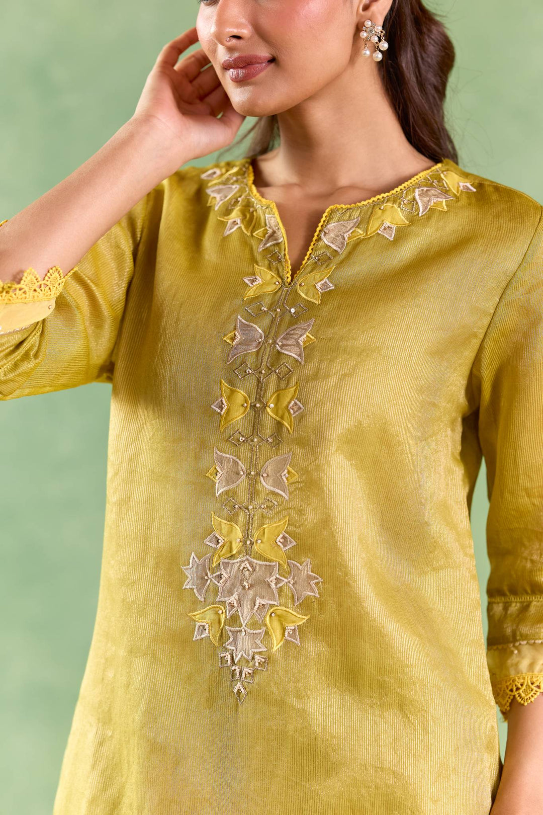 Moss Yellow Applique Kurta with Narrow Pants and Dupatta - Set of 3