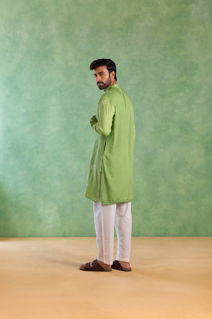 Sage Floral Buta Embroidered Kurta with Narrow Pants