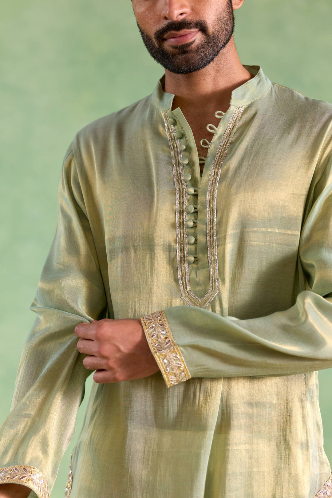 Mint Gold Gota Tissue Kurta with Narrow Pants