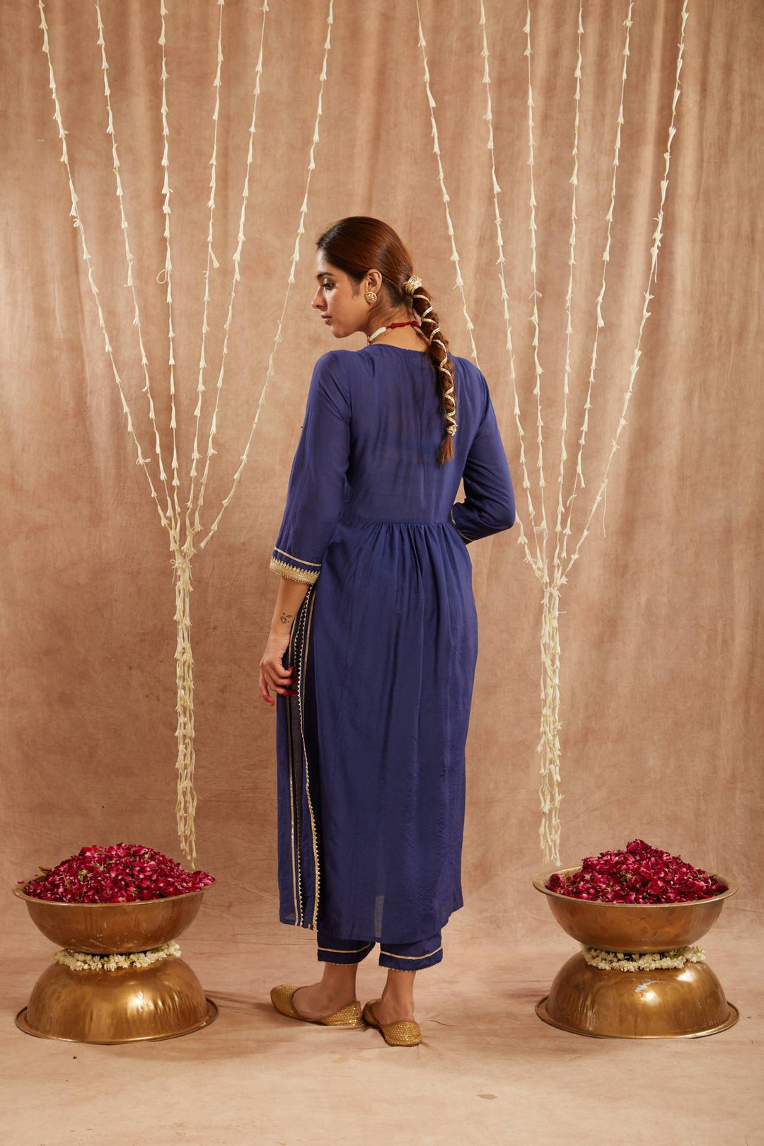 Blue Charm Chanderi Kurta with Narrow Pants and Dupatta - Set of 3