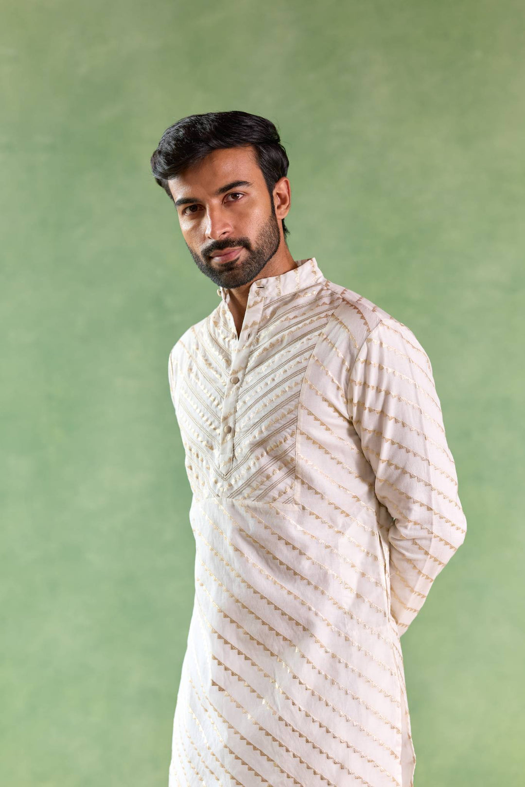 Ivory Gold Chevron Brocade Embroidered Kurta with Narrow Pants