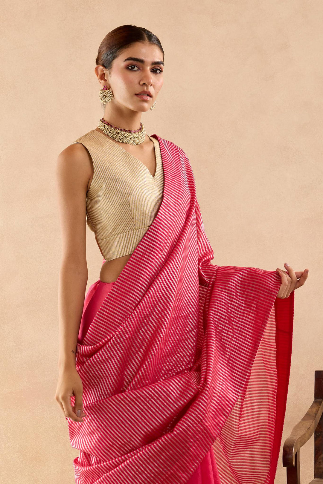 Fuchsia Pink Chanderi Saree with Stripe Pallu