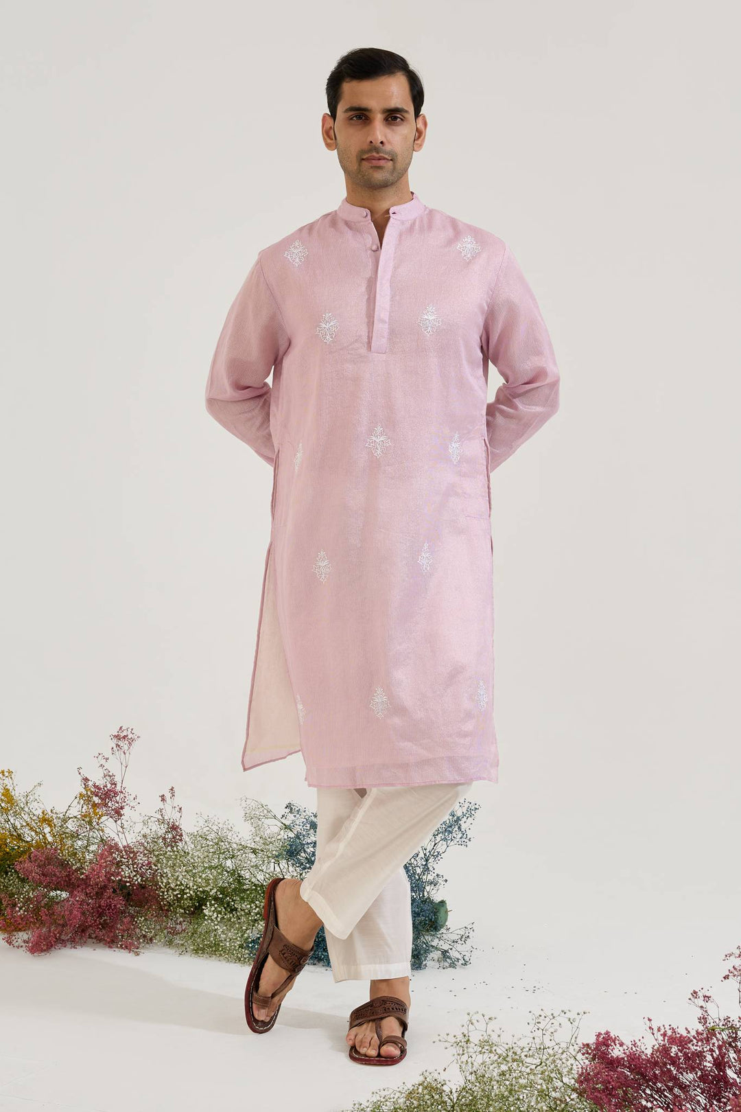 Lilac Embroidered Chanderi Stripe Kurta with Narrow Pants - Set of 2