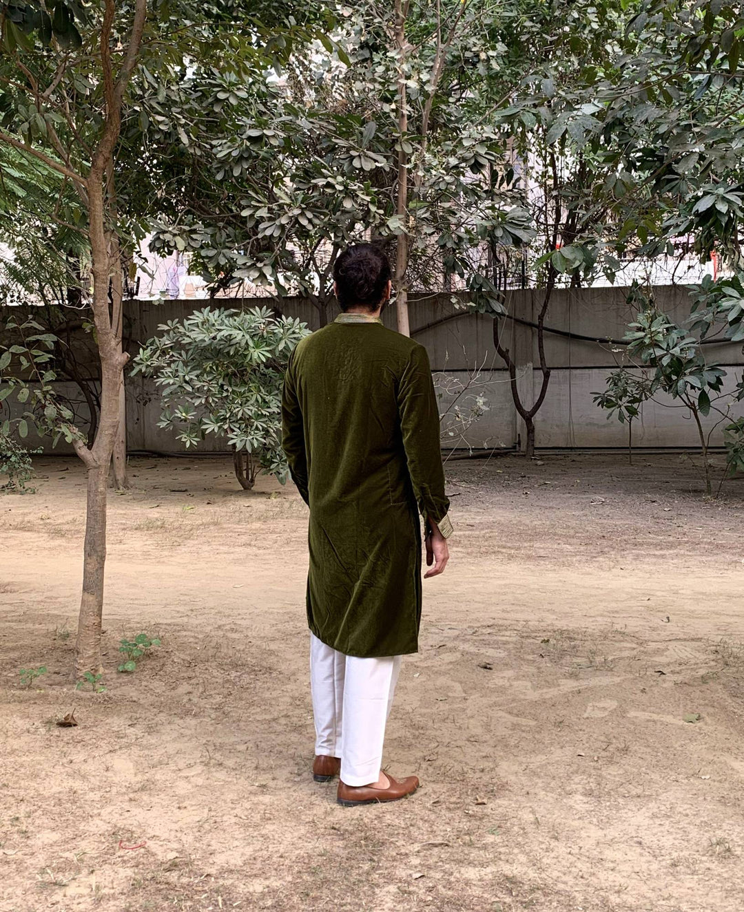 Olive Green Embroidered Velvet Kurta