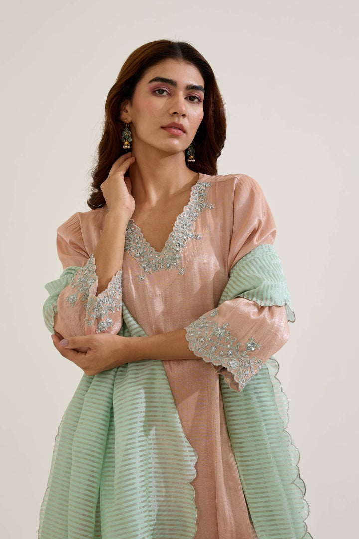 Rose Mint Dori Tissue Kurta with Wide Leg Pants and Dupatta - Set of 3