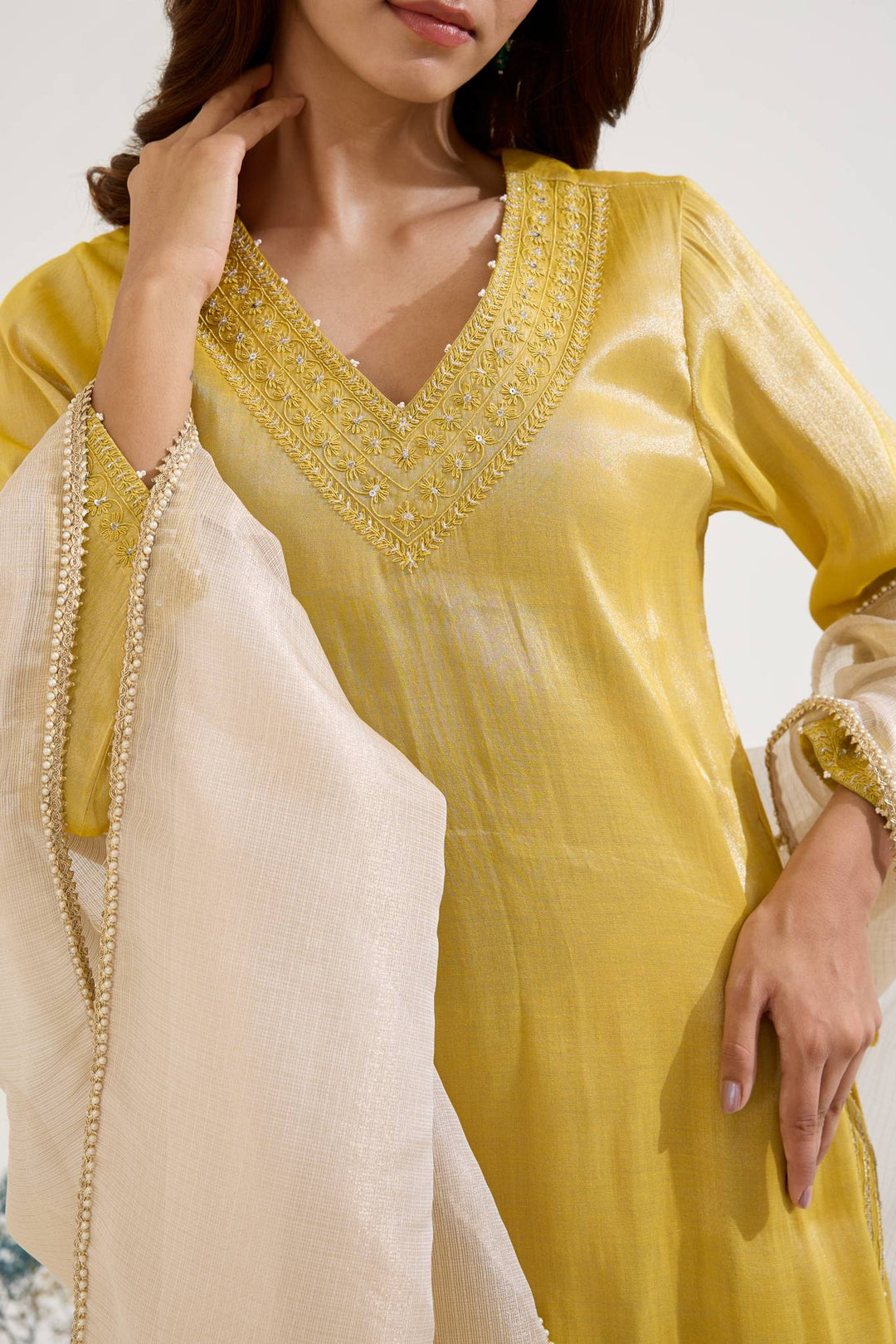 Old Yellow Charm Tissue Kurta with Sharara and Dupatta - Set of 3