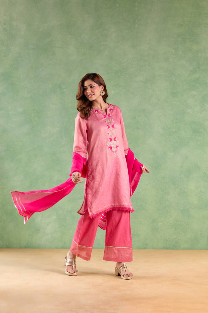 Fuchsia Pink Applique Kurta with Narrow Pants and Dupatta - Set of 3