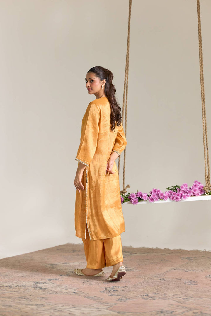 Orange Pearl Zari Embroidered Tissue Kurta Set with Stripe Dupatta - Set of 3