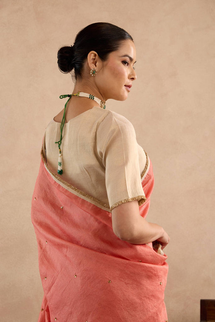 Red Gold Sequins Chanderi Stripe Saree