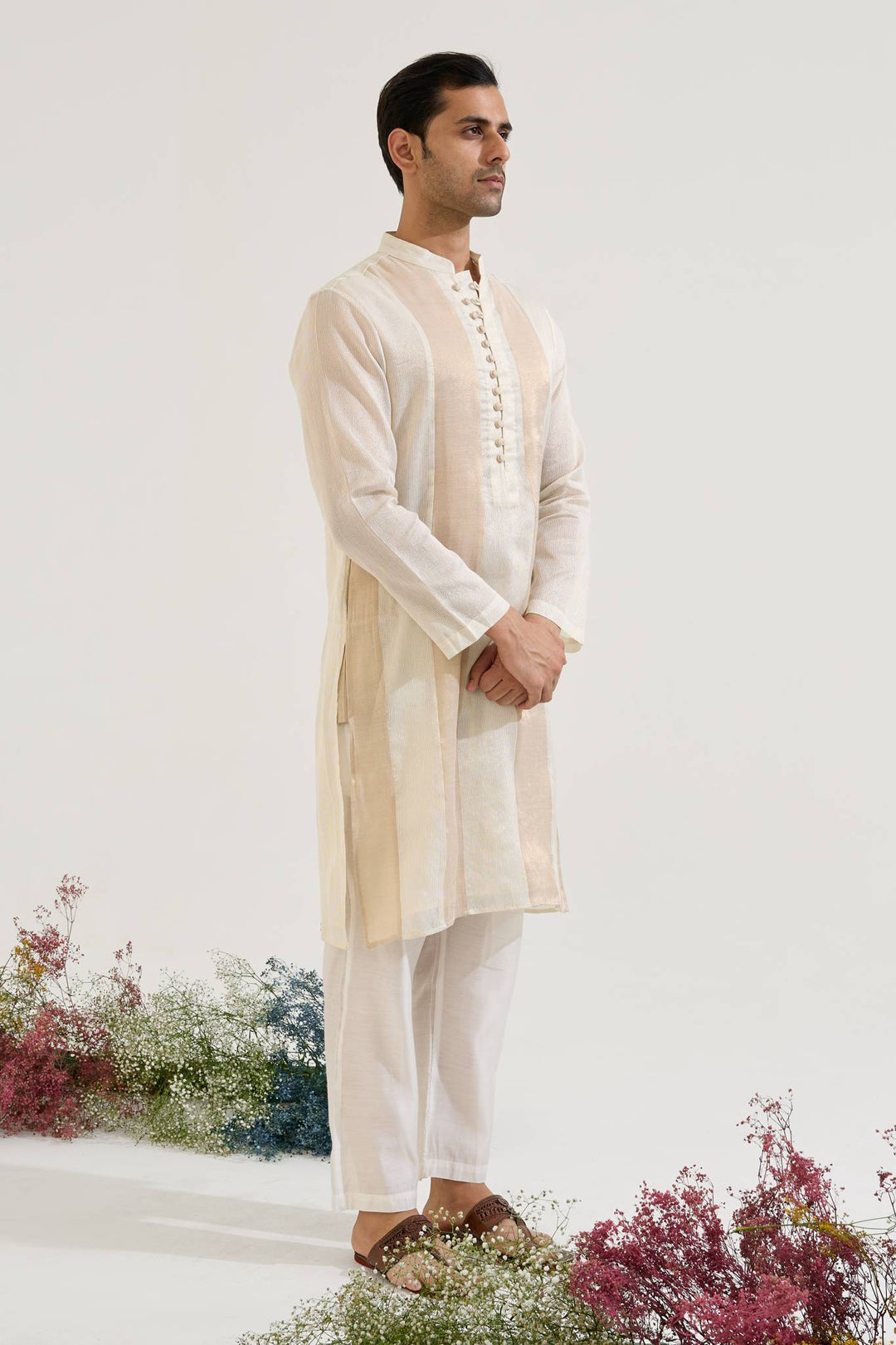 White Gold Panel Chanderi Stripe Kurta with Narrow Pants - Set of 2