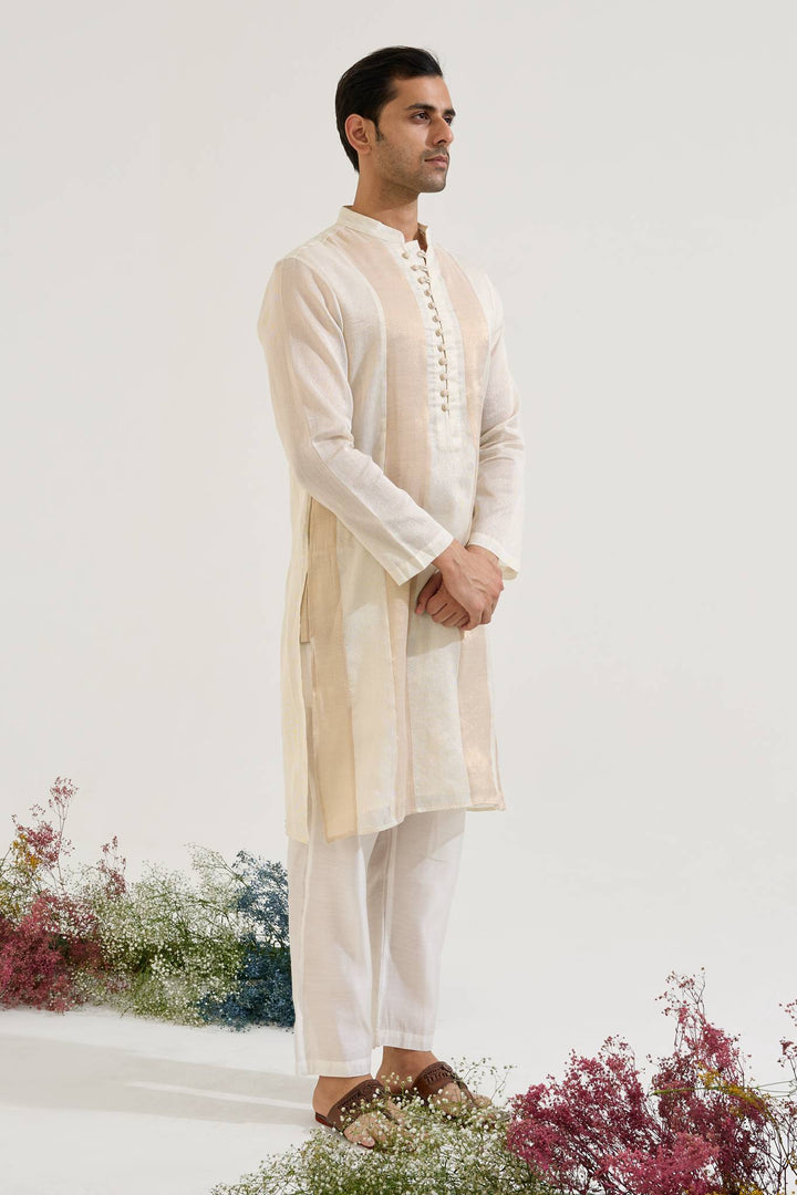White Gold Panel Chanderi Stripe Kurta with Narrow Pants - Set of 2
