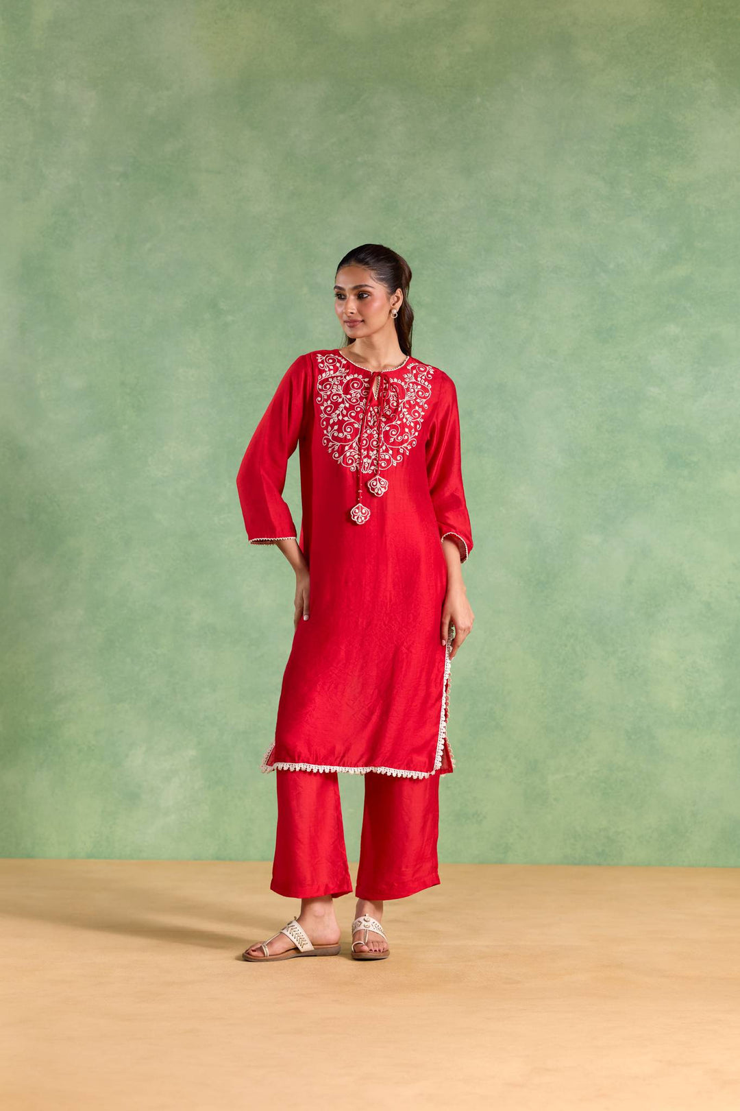Red Blossom Dori Chanderi Kurta with Straight Pants and Dupatta - Set of 3