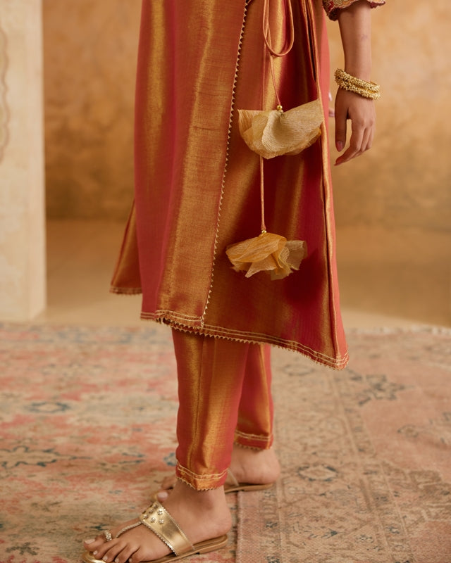 Rosy Zari Tissue Angrakha with Narrow Pants and Dupatta - Set of 3