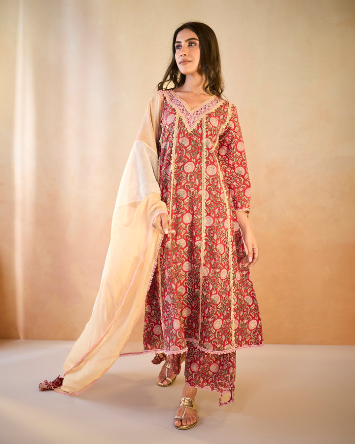 Rosy Chintz Cutwork Kurta with Wide Leg Pants - Set of 2