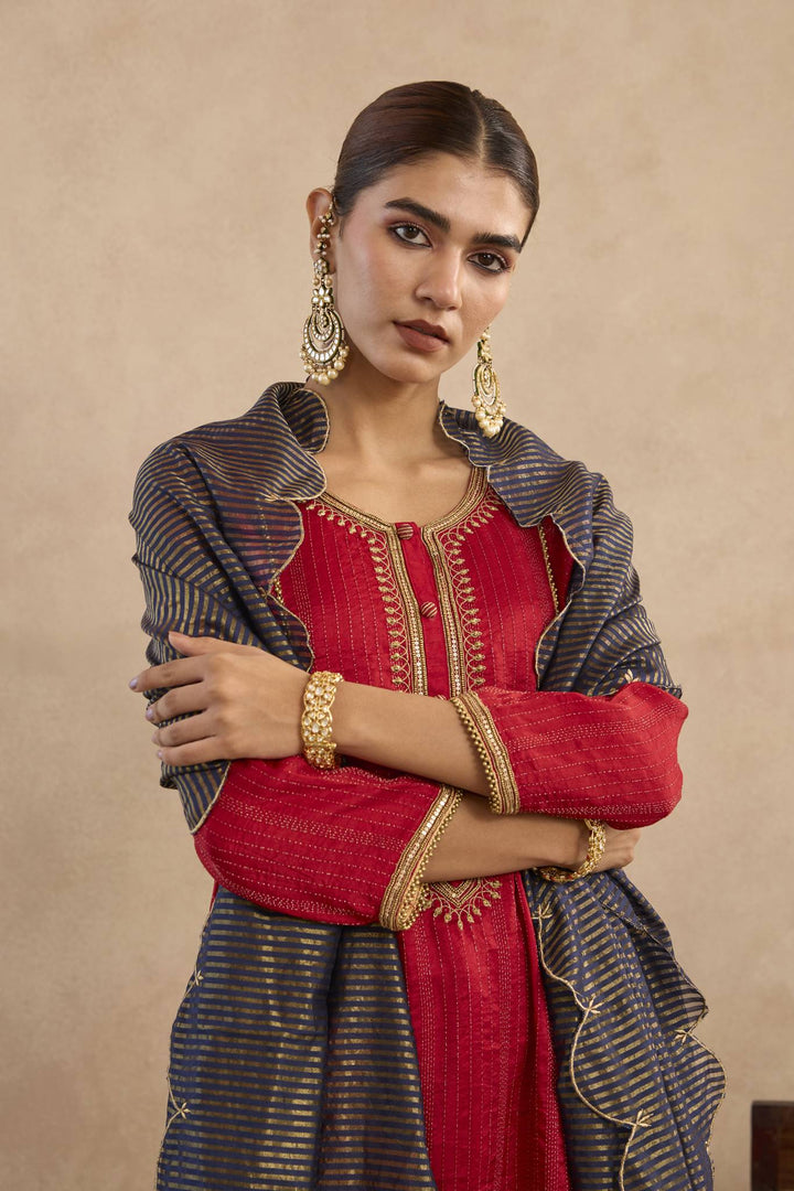 Regal Red Embroidered Anarakali with Flared Pants and Dupatta - Set of 3