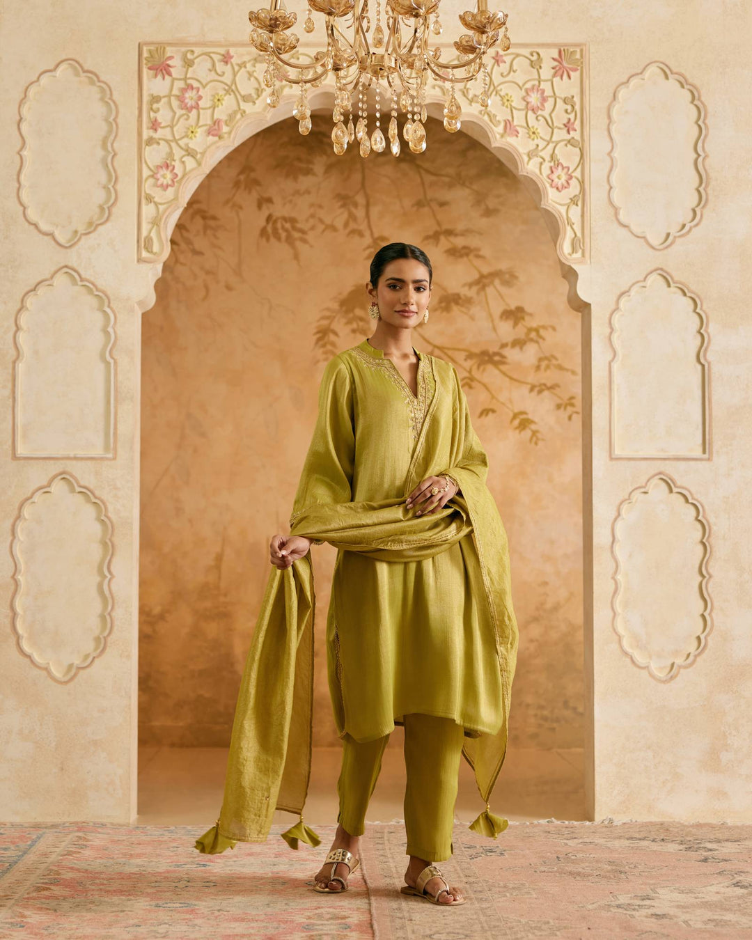 Olive Rust Tissue Kurta with Narrow Pants and Dupatta - Set of 4