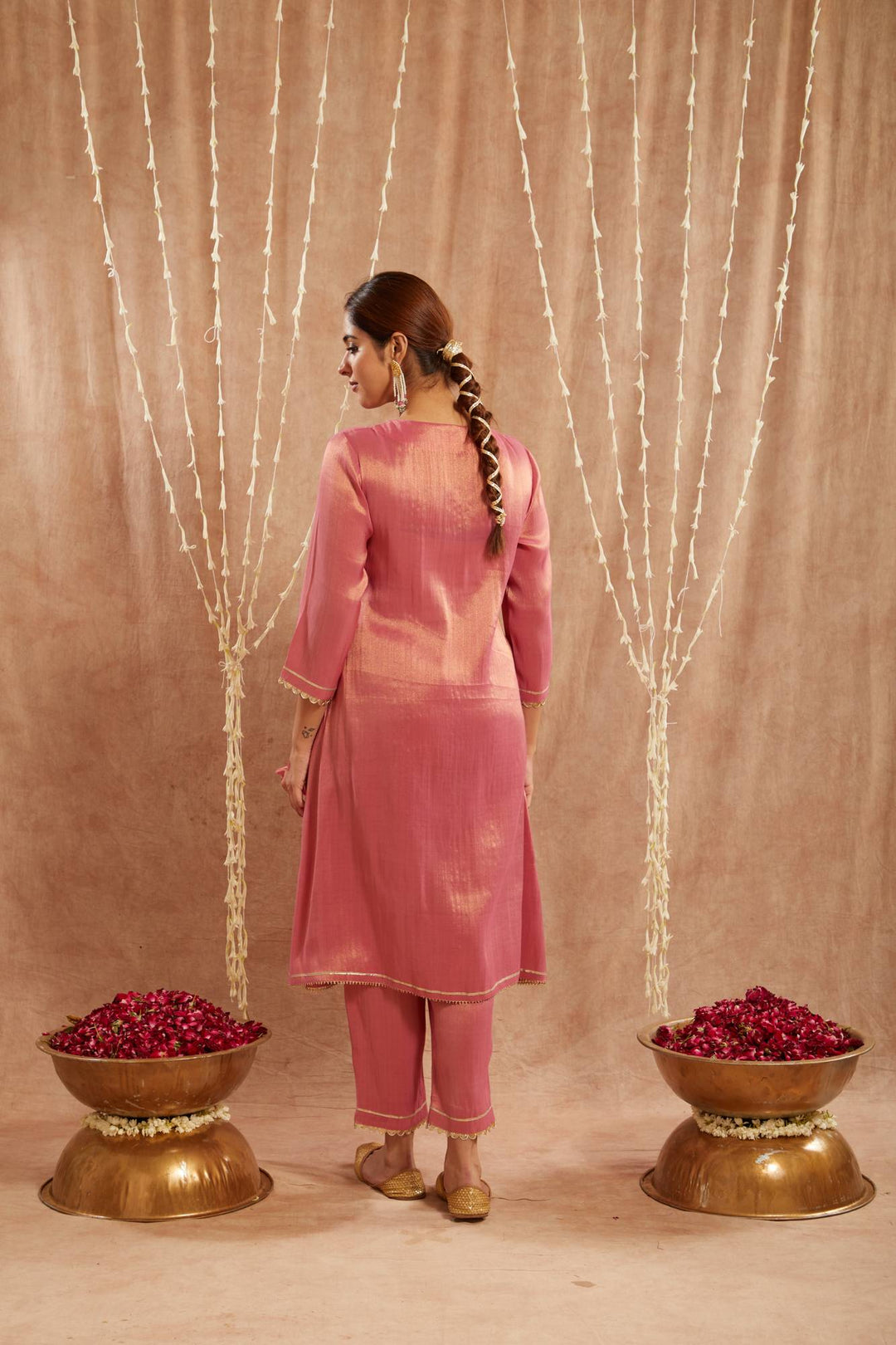 Pink Scallop Tissue Angrakha with  Narrow Pants and Dupatta - Set of 3