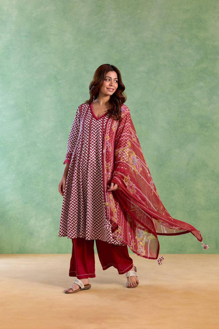 Maroon Beaded Chevron Anarkali with Flared Pants and Dupatta - Set of 3