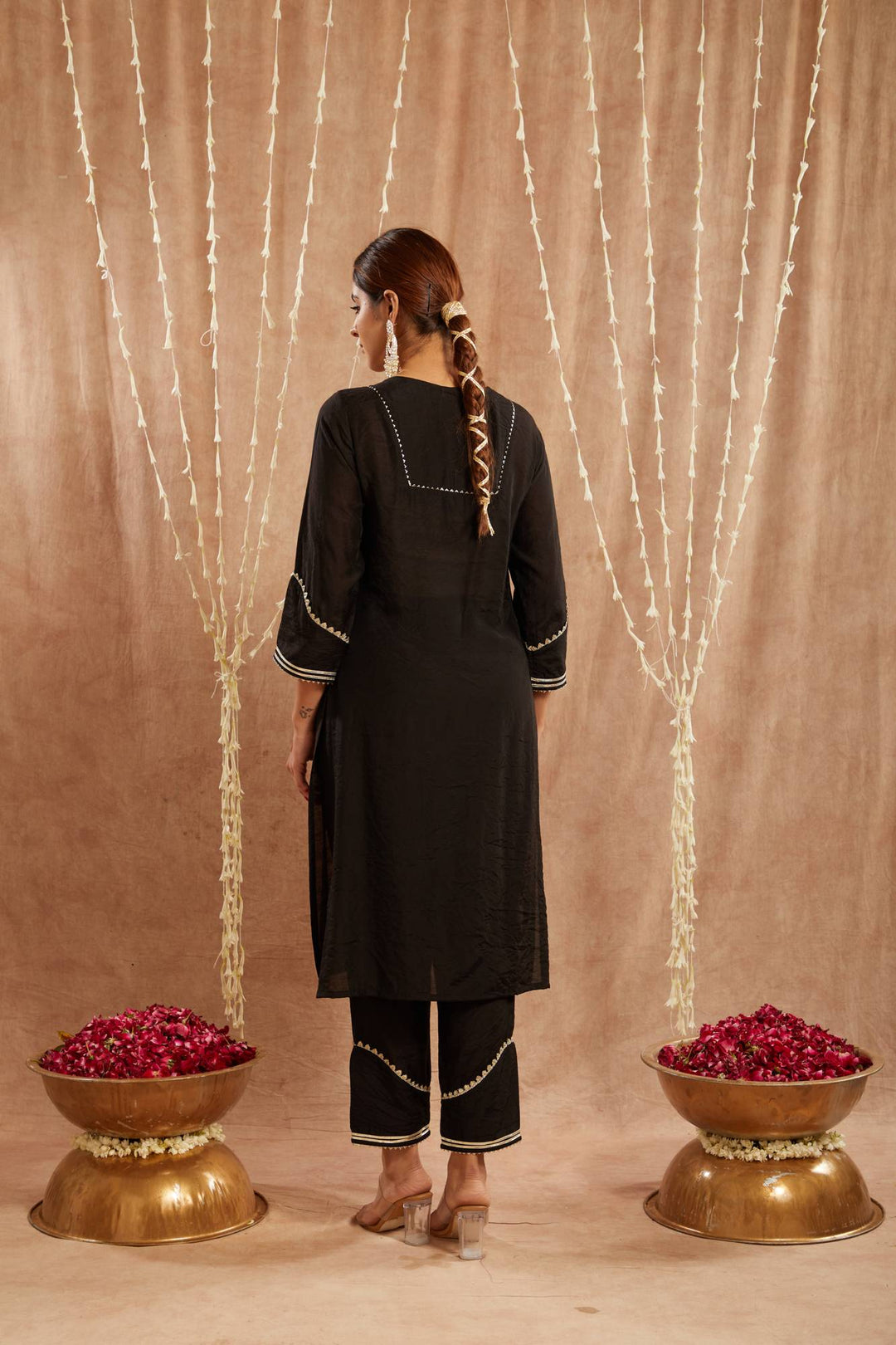 Black Dori Chanderi Kurta with Narrow Pants and Dupatta - Set of 3