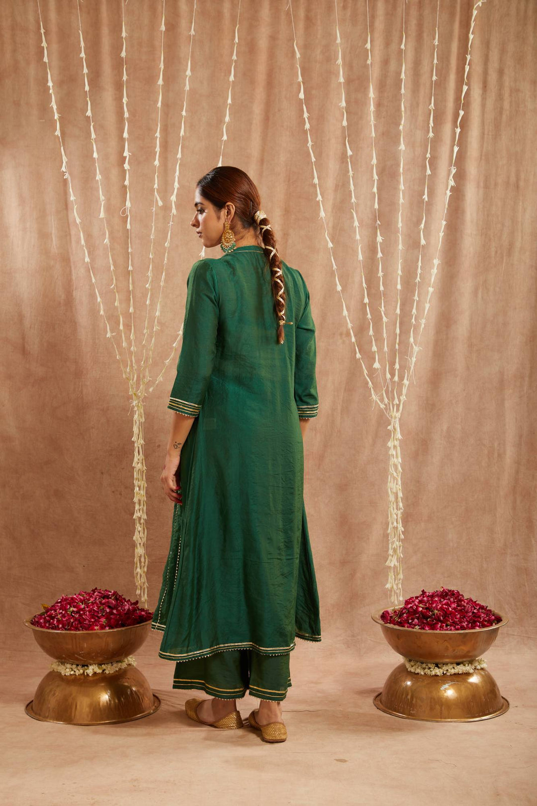 Emerald Green Gota Chanderi Kurta with  Wide Leg Pants and Dupatta - Set of 3