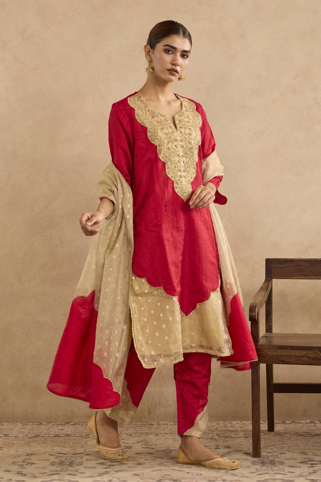 Red Dori Yoke Kurta with Narrow Pants and Embroidered Dupatta - Set of 3