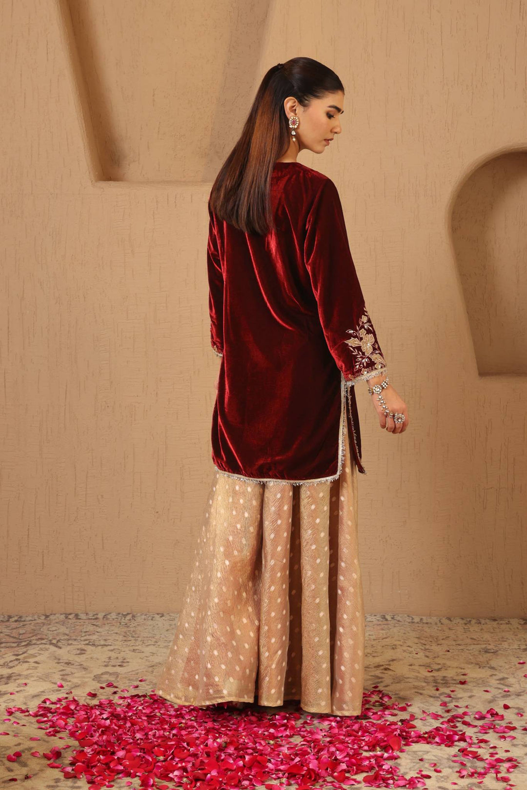 Maroon Floral Zari Velvet Kurta with Sharara - Set of 2
