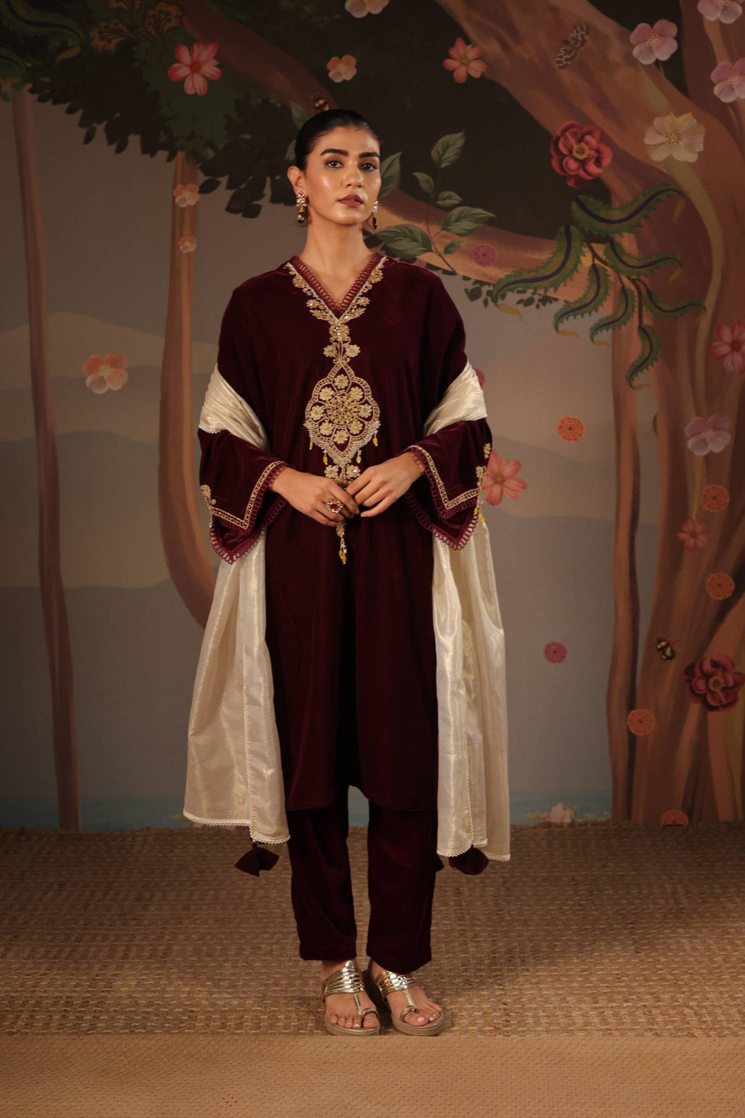 Wine Dori Embroidered Kurta with Narrow Pants and Dupatta - Set of 3