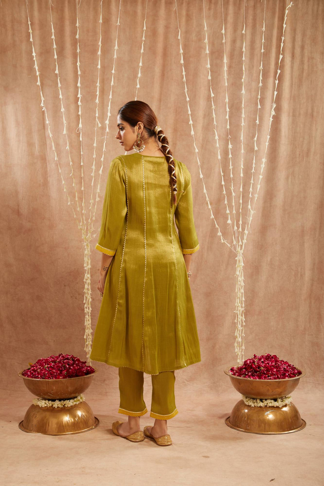 Green Yoke Tissue Anarkali with  Narrow Pants and Dupatta - Set of 3