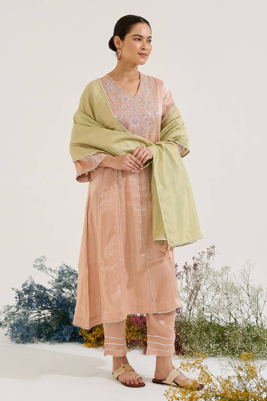 Pink Floral Zari Tissue Anarkali with Narrow Pants and Dupatta - Set of 3