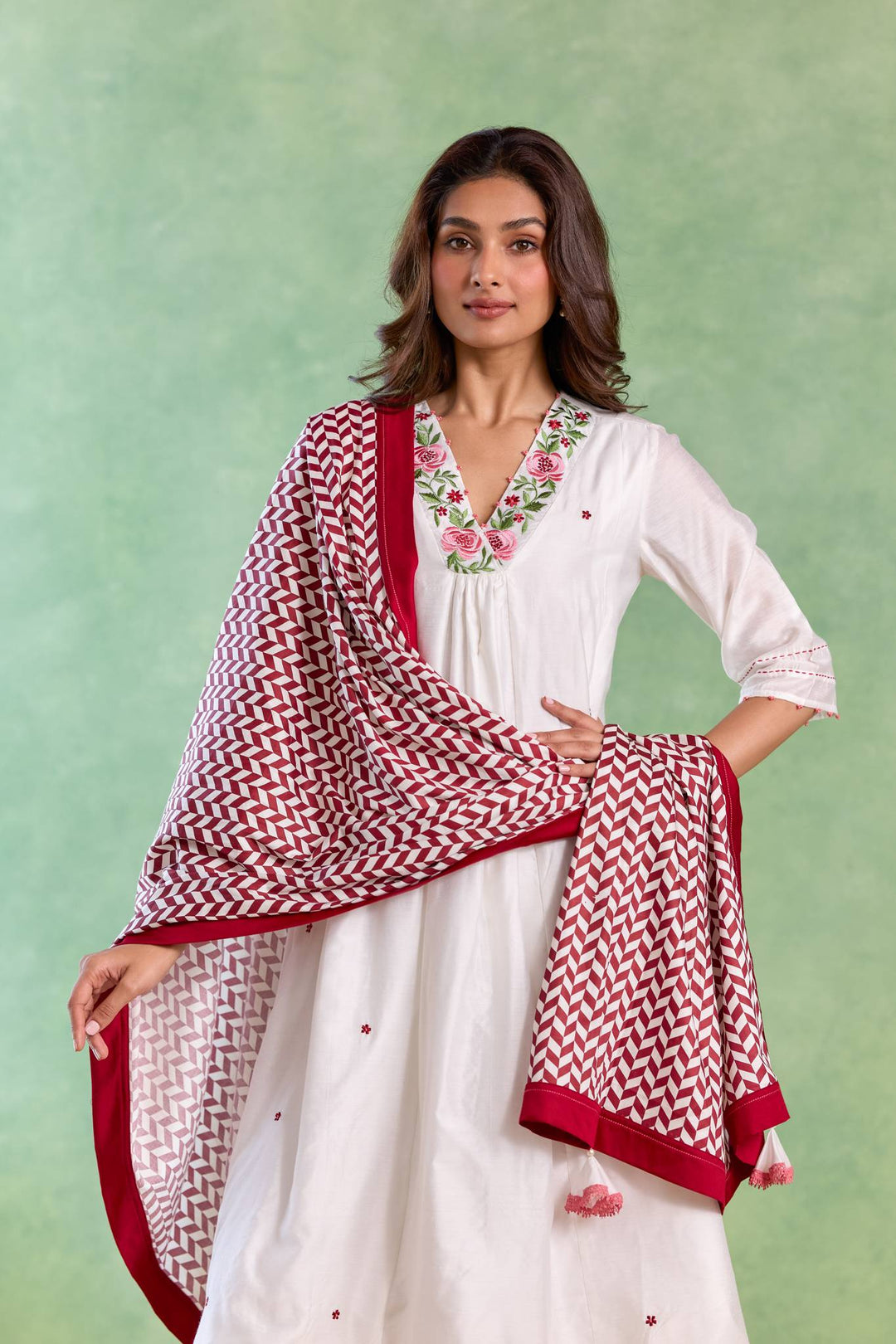 Red Petal Embroidered Kurta with Wide-Leg Pants and Dupatta - Set of 3