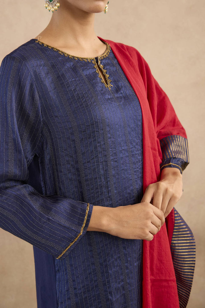 Navy Rose Charm Silk Chanderi Kurta with Narrow Pants - Set of 3