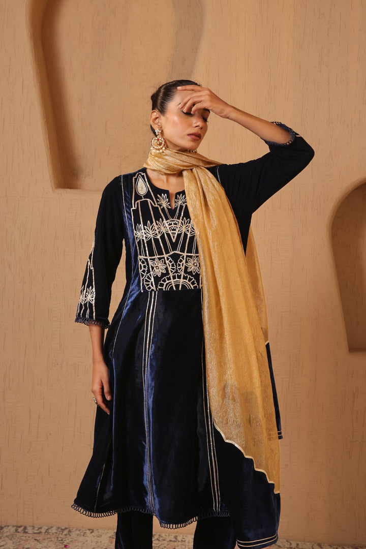 Navy Gota Velvet Anarkali with Narrow Pants and Scallop Dupatta - Set of 3