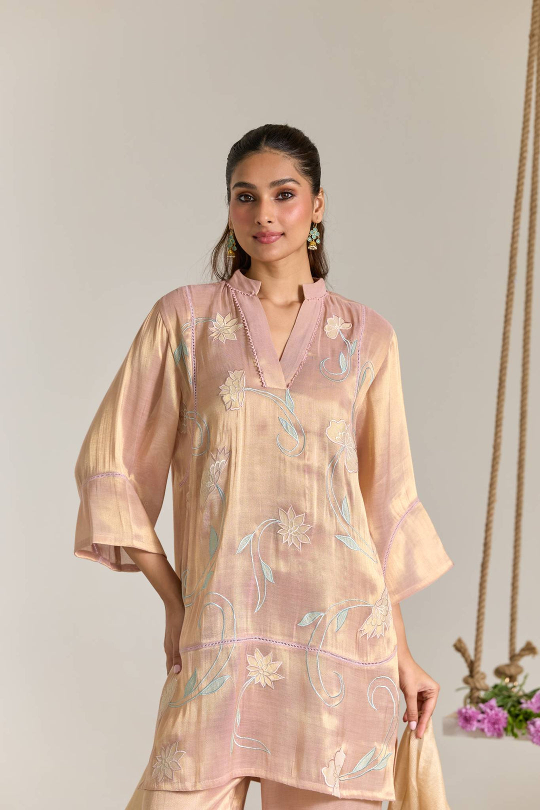 Blush Mint Applique Embroidered Tissue Kurta Set with Panel Dupatta - Set of 3