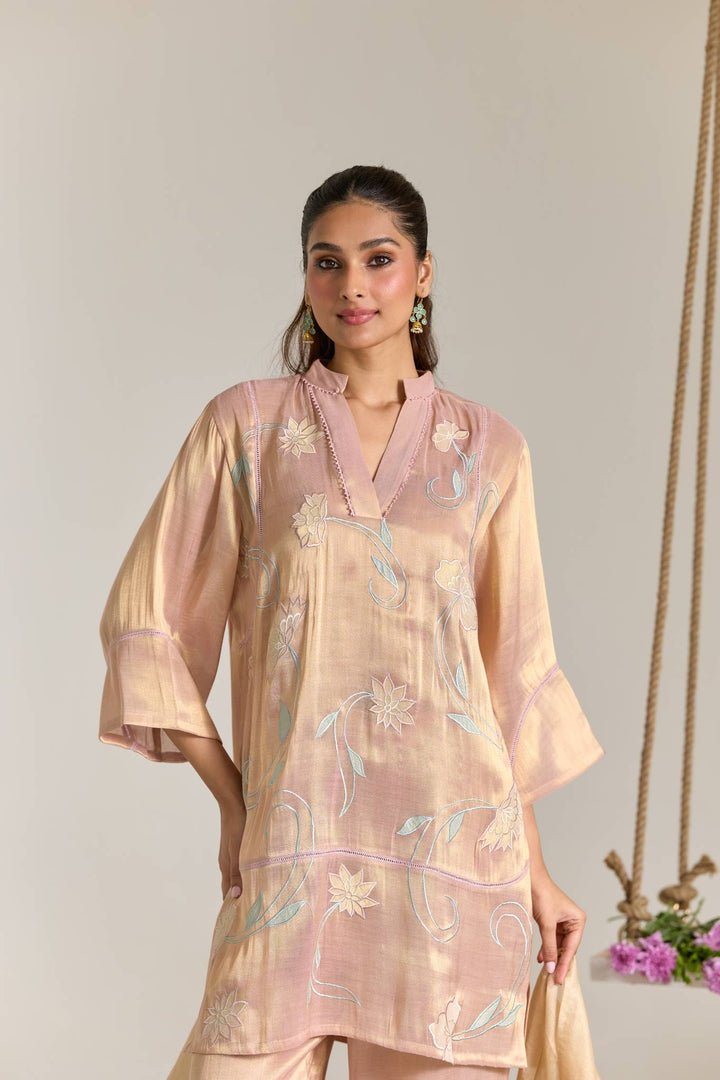 Blush Mint Applique Embroidered Tissue Kurta Set with Panel Dupatta - Set of 3