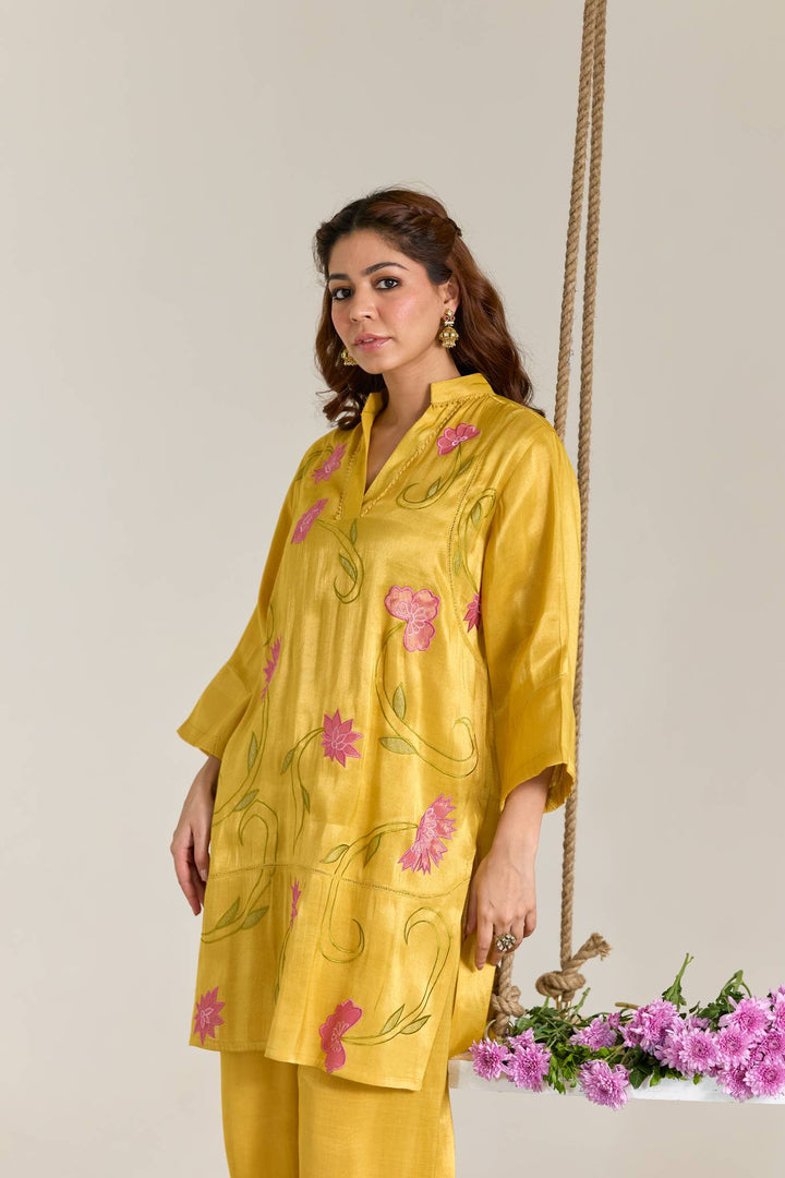 Fuschia Yellow Applique Embroidered Tissue Kurta Set- Set of 2
