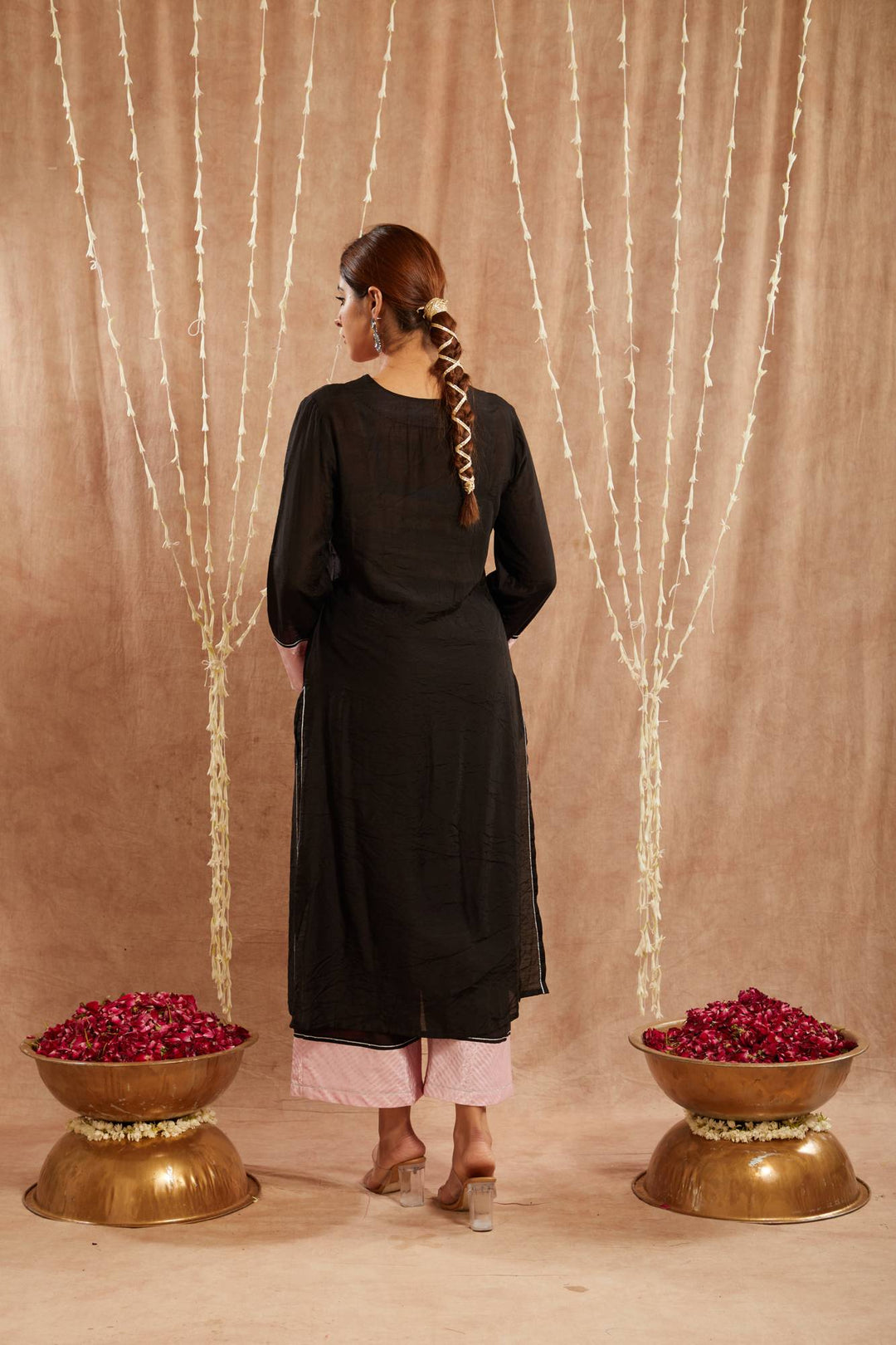 Black Zari Chanderi Kurta with Narrow Pants - Set of  2