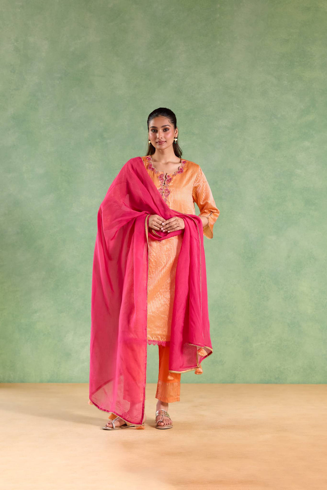 Orange Scallop Zari Kurta with Narrow Pants and Dupatta - Set of 3