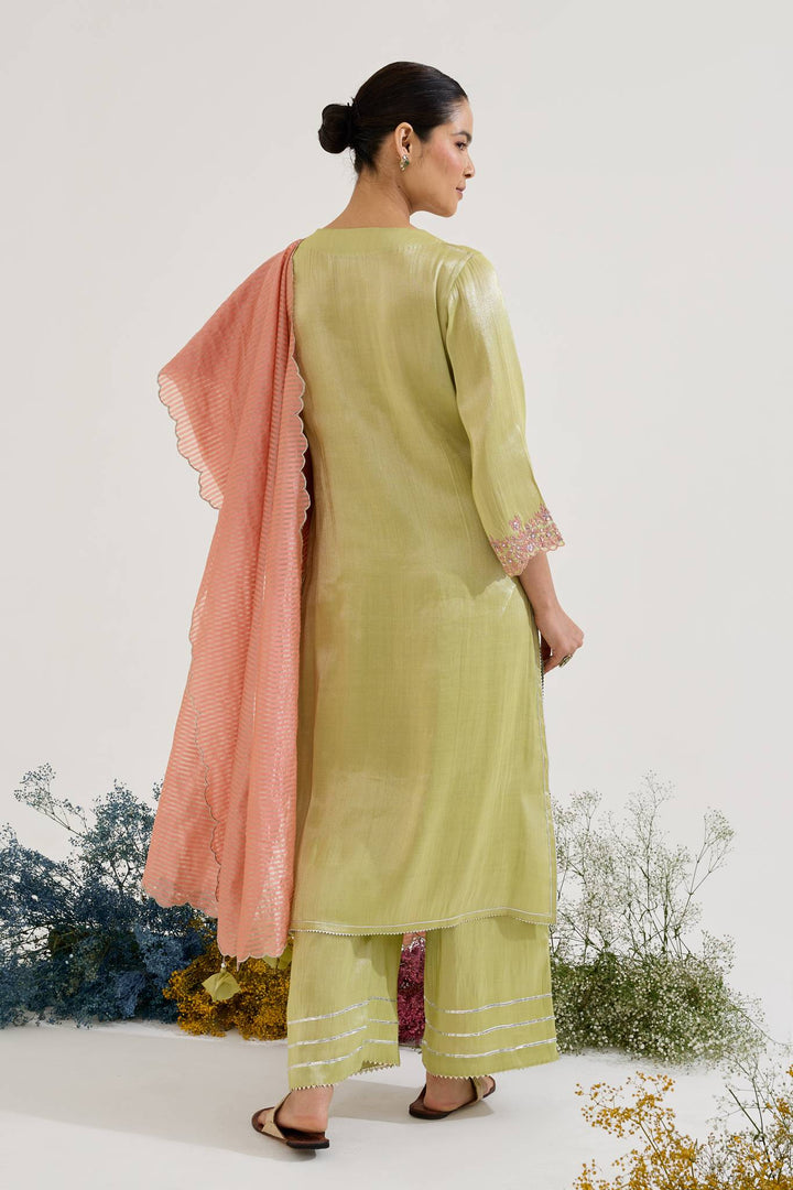 Lime Rose Dori Tissue Kurta with Wide Leg Pants and Dupatta - Set of 3