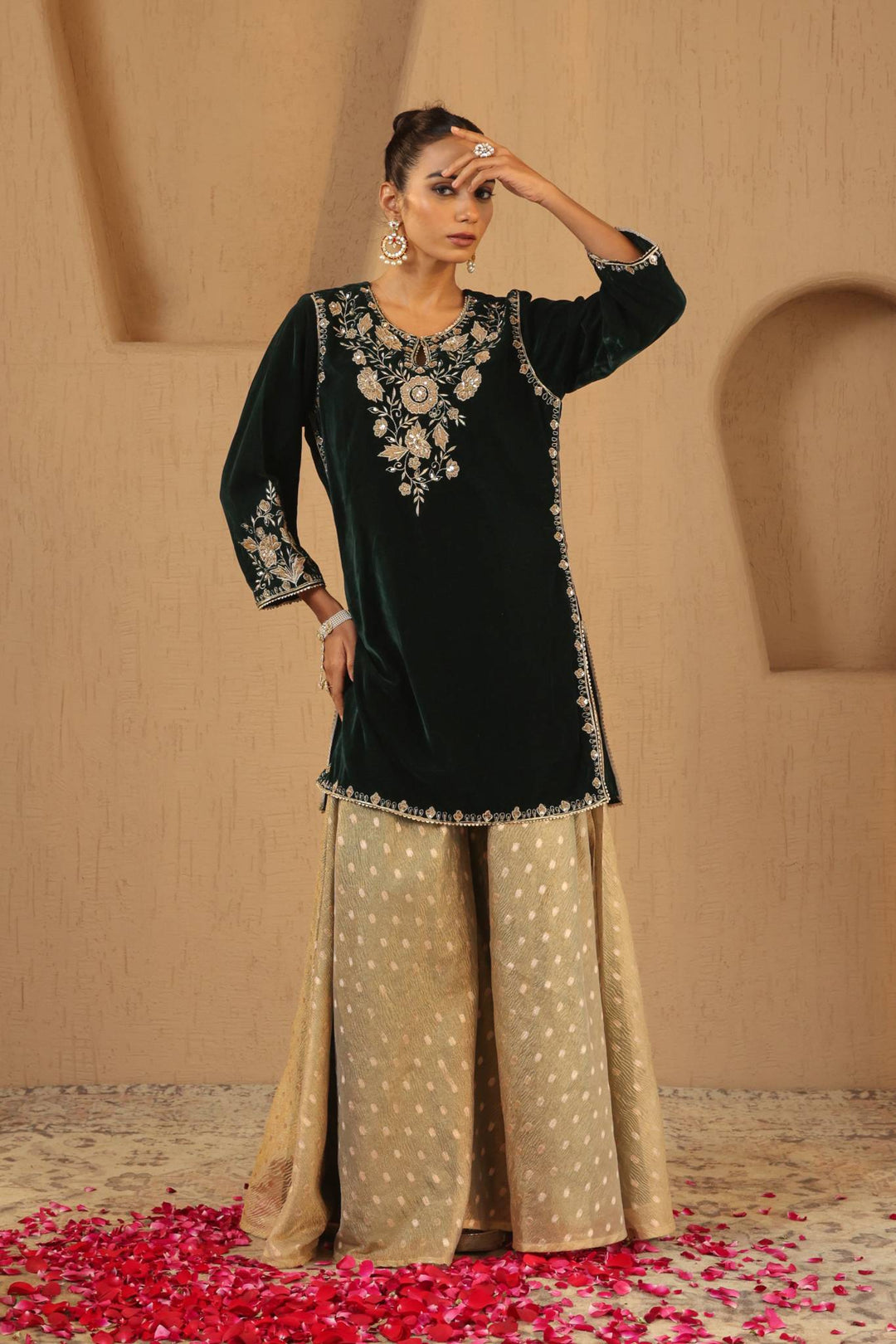 Emerald Floral Zari Velvet Kurta with Sharara - Set of 2