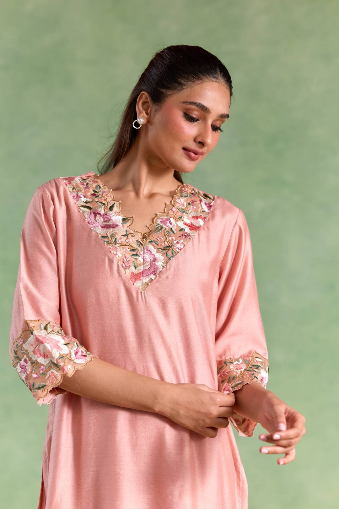 Soft Rose Embroidered Chanderi Kurta with Flared Pants and Dupatta - Set of 3