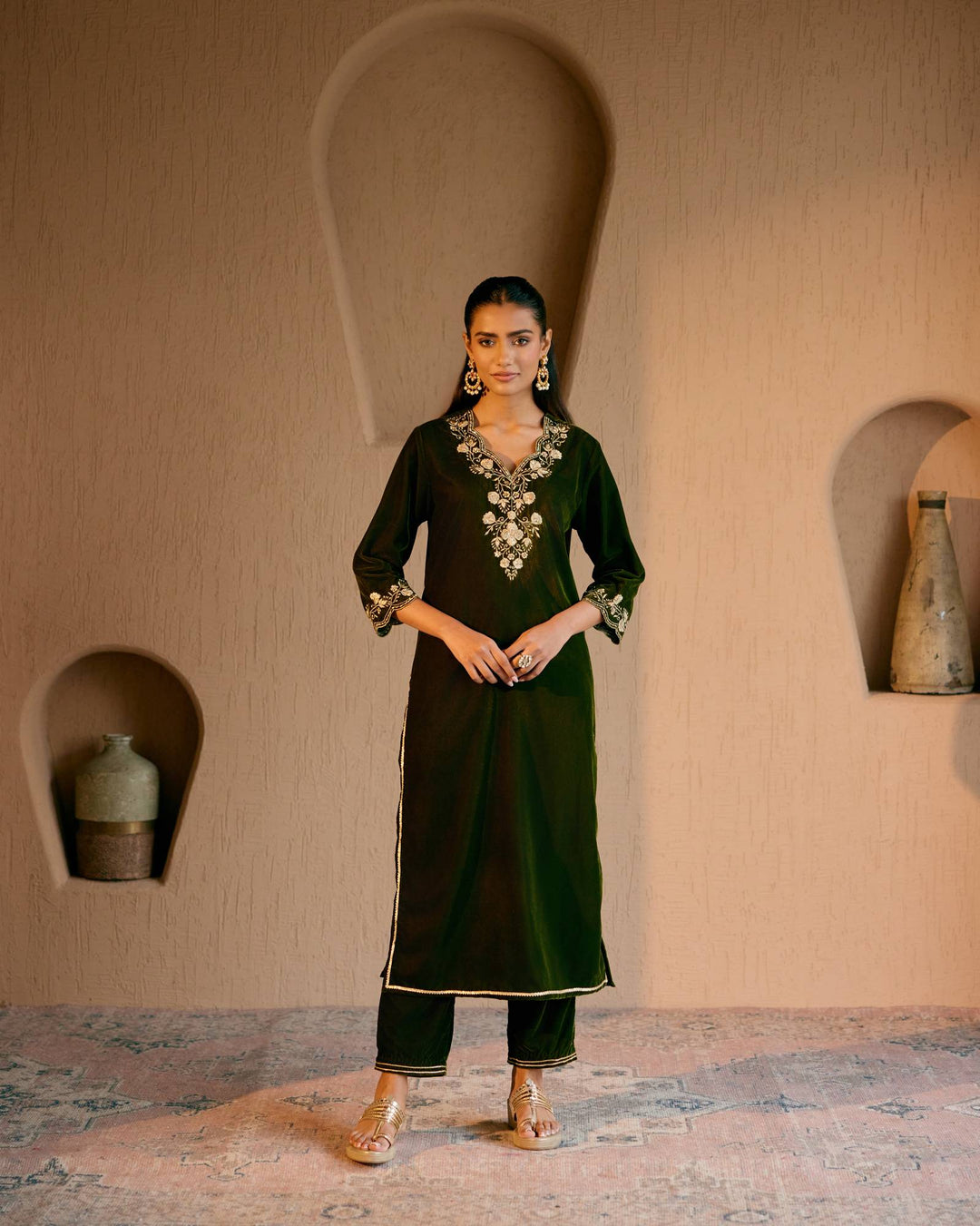 Olive Embroidered Velvet Kurta with Narrow Pants and Dupatta- Set of 3