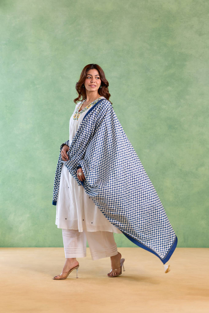 Blue Petal Embroidered Kurta with Wide-Leg Pants and Dupatta - Set of 3