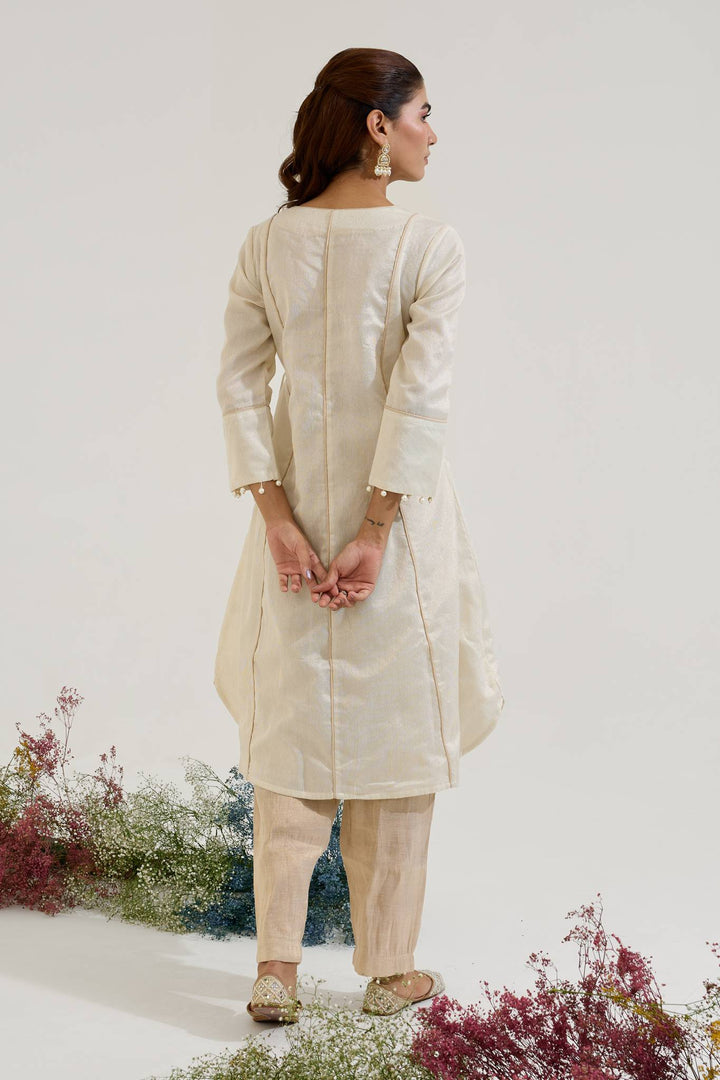 Pearl White Chanderi Stripe Angrakha with Narrow Pants - Set of 2
